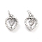 Brass with Cubic Zirconia Pendants, with Jump Ring, Cadmium Free & Nickel Free & Lead Free, Heart, Platinum, 8x6x2.8mm, Hole: 2.4mm