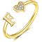 Adjustable Brass Rhinestone Cuff Rings, Letter & Heart, Golden, Letter F, Inner Diameter: 15~20mm