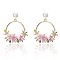 Ring with Flower Alloy & Rhinestone & Polymer Clay Stud Dangle Earrings, Golden, Pink, 52x44mm