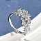 Brass Micro Pave Cubic Zirconia Cuff Rings for Women, Cadmium Free & Nickel Free & Lead Free, Leaf, Real Platinum Plated, 14mm, US Size 6 3/4(17.1mm)