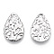 Non-Tarnish 304 Stainless Steel Pendants, Textured, Teardrop Charm, Stainless Steel Color, 16.5x11x0.8mm, Hole: 1.4mm