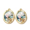 Printed Alloy Enamel Pendants, Oval Flower Charms, with ABS Imitation Pearl, Rack Plating, Light Gold, Light Cyan, 26x17x5mm, Hole: 1.8mm