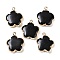 Natural Black Stone Pendants, Flower Charms with Brass Findings, Golden, 23~24x21x6mm, Hole: 1.8mm