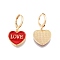 Heart with Word Love Enamel Dangle Leverback Earrings, Real 18K Gold Plated Brass Jewelry for Women, Cadmium Free & Nickel Free & Lead Free, Red, 28mm, Pin: 1mm