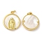 Eco-Friendly Brass Pendants, with Jump Ring and Shell, Lead Free & Cadmium Free, Flat Round with Saint Charm, Real 18K Gold Plated, 18x15.5x3.5mm, Hole: 3mm