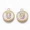 Brass Micro Pave Cubic Zirconia Pendants, with Shell, Flat Round with Letter, Nickel Free, Clear, Creamy White, Real 18K Gold Plated, Letter.U, 17x14x4mm, Hole: 1.8mm