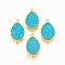 Brass Links Connectors, Nickel Free, with Druzy Resin, Teardrop, Golden, Cyan, 22x13x4~5mm, Hole: 1mm