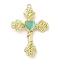 Alloy with Glass Pendants, Cross with Rose Charms, Golden, Pale Turquoise, 35x25x5mm, Hole: 1.4mm