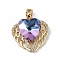 Real 18K Gold Plated Rack Plating Brass Micro Pave Clear Cubic Zirconia Pendants, with Glass, Long-Lasting Plated, Cadmium Free & Lead Free, Heart Charm, Medium Purple, 19x19x8mm, Hole: 5x3mm