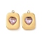 304 Stainless Steel Pendants, with Rhinestone, Ion Plating(IP), Rectangle with Heart, Light Rosaline AB, 16x11x4.5mm, Hole: 1.2mm