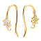 Brass Micro Pave Cubic Zirconia Earring Hooks, Ear Wire, Nickel Free, Flower, with Horizontal Loop, Clear, Real 18K Gold Plated, 18x6.5mm, Hole: 0.9mm, Pin: 1mm