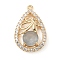 Brass with K9 Glass & Rhinestone Pendants, Light Gold, Teardrop with Dragonfly Charms, Black Diamond, 26x16x5.5mm, Hole: 1.6mm