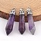 Bullet Natural Amethyst Pointed Pendants, with Platinum Tone Alloy Findings, 33~40x8~10mm, Hole: 3x2mm