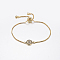Adjustable Brass Micro Pave Cubic Zirconia Bolo Bracelets, Slider Bracelets, with Brass Box Chains, Flat Round with Flower, Golden, 10-1/4 inch(260mm)
