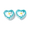 Transparent Glass Beads, Hand Drawn Beads, with Enamel, Heart with Flower Pattern, Cyan, 12x12x6.5mm, Hole: 0.9mm