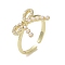 Brass Micro Pave Cubic Zirconia Open Cuff Ring, Cadmium Free & Lead Free, Bowknot with ABS Imitation Pearl, Real 16K Gold Plated, Inner Diameter: 17mm