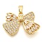 Brass Rhinestone Pendants, Micro Pave Cubic Zirconia Charms, Bowknot, with Jump Ring, Golden, 15x23x3.5mm, Hole: 4.5mm