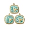 304 Stainless Steel Enamel Pendants, with ABS Plastic Imitation Pearl Beads, Square with Fishtail, Golden, Ion Plating(IP), Spring Green, 18.5x16x4mm, Hole: 1.8mm