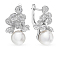 Anti-Tarnish Clover Shape Rhodium Plated 925 Sterling Silver Cubic Zirconia Hoop Earrings, with Imitation Pearl, Platinum, 23x15x11mm