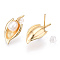 Natural Pearl Stud Earrings, Brass Leaf Earrings, Cadmium Free & Nickel Free & Lead Free, Real 18K Gold Plated, 24x12mm, Pin: 0.8mm