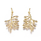 Brass Pendants, with Micro Pave Cubic Zirconia and Jump Rings, Branches and Leaves, Clear, Golden, 22x14.5x2mm, Hole: 3.5mm