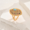 Geometric Hollow Brass Micro Pave Adjustable Finger Rings for Women, Horse Eye, Golden, Colorful, 31x20mm, Inner Diameter: Adjustable