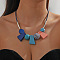 Bohemian Style Trapezoid & Round Wood Beaded Pendant Black Waxed Cord Bib Necklaces for Women, Dark Turquoise, 18.11~20.87 inch(46~53cm)