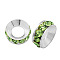 Brass Rhinestone Spacer Beads, Grade A, Rondelle, Silver Color Plated, Peridot, 9x4mm