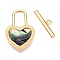 Brass Toggle Clasps, Cadmium Free & Nickel Free & Lead Free, with Paua Shell Epoxy Resin, Heart, Real 18K Gold Plated, 20.5x13x3.5mm, Hole: 8.5x4.5mm, Bar: 4.5x16x2mm, Hole: 1.2mm