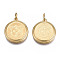 Ion Plating(IP) 304 Stainless Steel Pendants, with Jump Rings, Flat Round with Tiger, Real 14K Gold Plated, 17.5x15.5x2mm, Jump Ring: 5x1mm, 3mm inner diameter