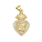 Brass Micro Pave Cubic Zirconia Pendants, Cadmium Free & Lead Free, Religion, Heart, Real 18K Gold Plated, 24.5x15x3.5mm, Hole: 4.5x3.5mm