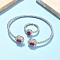 Oval Brass Micro Pave Cubic Zirconia Cuff Bangles & Rings Sets for Women, Rack Plating, Platinum, FireBrick, Bangle: 3~11.5mm wide, 61x52mm Inner Diameter