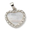Rack Plating Brass Pave Shell Pendants, Heart Charms, Long-Lasting Plated, Lead Free & Cadmium Free, Platinum, 16x16x2.5mm, Hole: 3mm