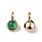 Natural Dyed & Heated Green Onyx Agate Charms, with Light Gold Plated Brass Findings, Round, 11.5x6.5x5mm, Hole: 2mm