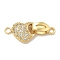Rack Plating Heart Brass Fold Over Clasps, with Micro Pave Clear Cubic Zirconia, Cadmium Free & Lead Free, Long-Lasting Plated, Real 18K Gold Plated, 10.5x24.5x6mm, Hole: 2mm