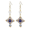 Natural Mixed Stone & Glass Seed Beads Dangle Earrings for Women, Cross, Golden, Royal Blue, 76x27mm
