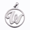Non-Tarnish 304 Stainless Steel Pendants, Flat Round with Letter, Stainless Steel Color, Letter.W, 28x25x1.2mm, Hole: 6x3.5mm