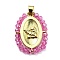 Brass with Glass Pendants, Cadmium Free & Lead Free, Real 18K Gold Plated, Oval with Angel Pattern, Fuchsia, 25~26x19~19.5x3~3.5mm, Hole: 3x3.5mm