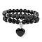 Natural Black Agate Heart Charm Bracelets, Natural Lava Rock Beads Stretch Bracelet Set Jewelry for Women