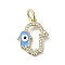 Brass Micro Pave Cubic Zirconia Pendants, with Enamel, Cadmium Free & Nickel Free & Lead Free, with Jump Ring, Real 18K Gold Plated, Hamsa Hand/Hand of Miriam with Evil Eye, Deep Sky Blue, 16.5x13.5x2mm, Hole: 4mm