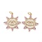 Brass Micro Pave Clear & Purple Cubic Zirconia Pendants, Long-Lasting Plated, with Jump Rings, Sun with Evil Eye, Pink, Golden, 27x25.5x2.5mm, Hole: 6mm