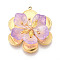 304 Stainless Steel Pendants, Flower, with Glass, Real 18K Gold Plated, Ion Plating(IP), Plum, 40x33.5x10~11mm, Hole: 1.8mm
