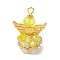 Glass Pendants, Angle, with Alloy Wing Beads & Iron Loop, Faceted, Yellow, 30x21.5x16mm, Hole: 2.2~3.6mm
