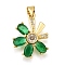 Glass Pendants, with Rack Plating Brass Micro Pave Cubic Zirconia Findings, Flower, Cadmium Free & Lead Free, Long-Lasting Plated, Real 18K Gold Plated, Green, 20x16x4mm, Hole: 5x3.5mm