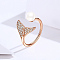 Adjustable 925 Sterling Silver Finger Rings, with Cubic Zirconia and Shell Pearl, with 925 Stamp, Mermaid Tail Shape, Clear, Rose Gold, 1.5mm