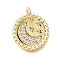 Brass Micro Pave Clear Cubic Zirconia Charms, Flat Round with Moon & Star Pattern Charms, Lead Free & Cadmium Free, Rack Plating, Long-Lasting Plated, with Jump Ring, Real 18K Gold Plated, 12x1.5mm, Hole: 3mm