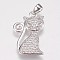 Brass Micro Pave Cubic Zirconia Kitten Pendants, Cartoon Cat Shape, Platinum, 20.5x13x2mm, Hole: 2.5x4mm