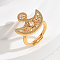 Brass Micro Pave Cubic Zirconia Adjustable Finger Rings for Women, Moon, Golden, Clear