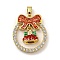 Christmas Brass Micro Pave Cubic Zirconia Pendants, Cadmium Free & Lead Free, with Enamel and Synthetic Opal, Christmas Wreath, FireBrick, 25.5x22.5x6mm, Hole: 5x3mm