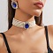 Oval Brass & Glass & Plastic Pearl Beaded Chain Collar & Stud Earrings Sets, Medium Blue, 280mm